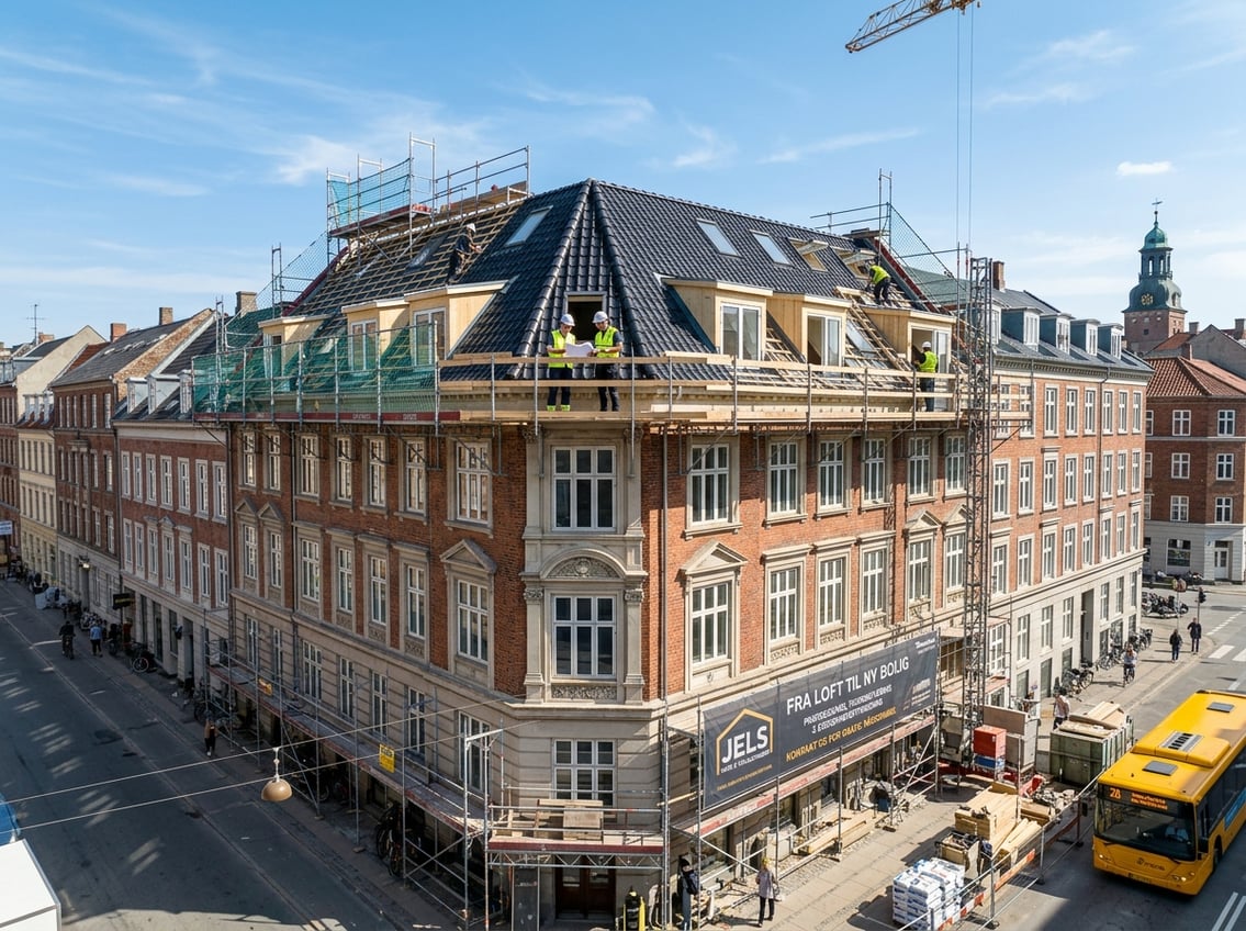 Jels Huse og taglejligheder renoverer jeres etageejendom i København uden omkostninger ved at udstykke loftrummet til nye ejerlejligheder